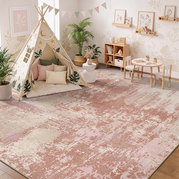 8x10 Rugs for Living Room - Modern Abstract Washable Rug, Ultra Soft Non Slip Low Pile Large Rugs, Floor Carpet for Bedroom Dining Room Office Laundry Nursery Home（Peach Powder）