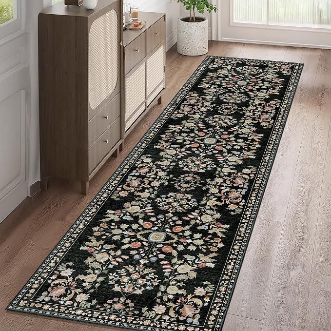 Washable Runner Rug 2x8 Area Rugs Non Slip Ultra-Thin Floral | Boho Long Throw Carpet Runner for Kitchen Bathroom Hallway Bedroom Entryway Laundry Floor Indoor Low Pile Boho Vintage Black
