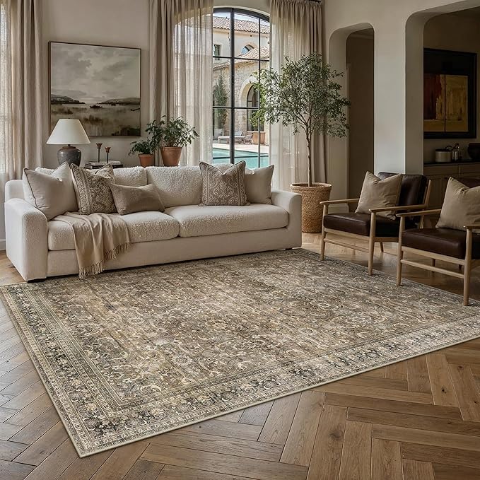 6x9 Washable Area Rug for Living Room,Brown | Vintage Floral,Thick Mid Pile, Non Slip,Soft Plush Distressed Rug for Bedroom, Dining Room, Office