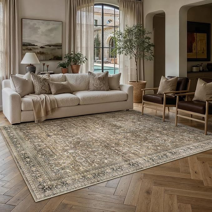 5x7 Washable Area Rug for Living Room,Brown | Vintage Floral,Thick Mid Pile, Non Slip,Soft Plush Distressed Rug for Bedroom, Dining Room, Office