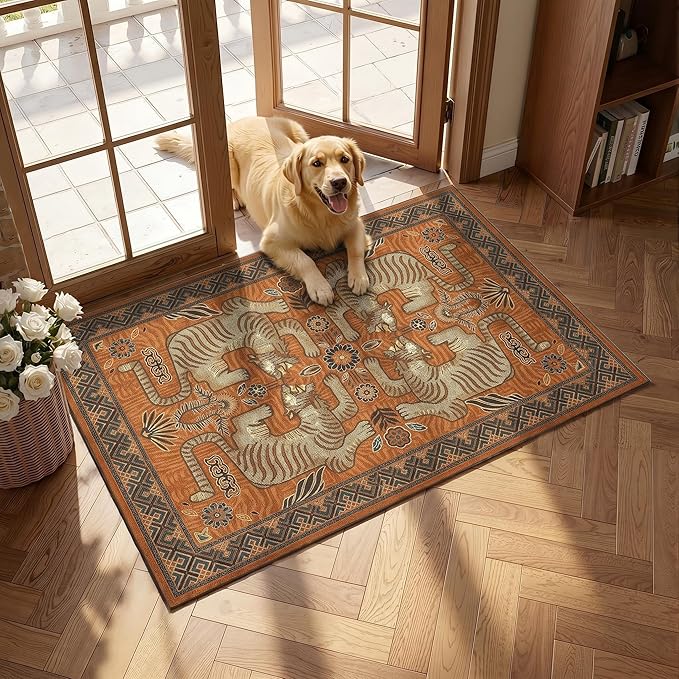 GarveeHome Boho Tiger Entryway Rug 2x3 Vintage Washable Front Door Rug | Tribal Non-Slip Low Pile Indoor Entrance Animal Carpet Throw Rugs for Kitchen Floor, Powder Room, Entry, Bathroom, Kidss Room