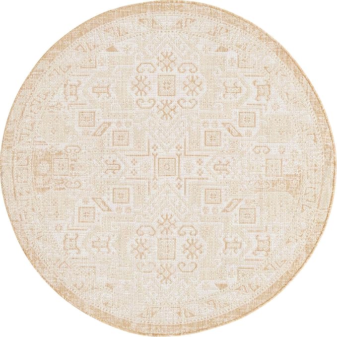 Unique Loom Outdoor Aztec Collection Area Rug - Coba (5' 3" Round, Natural/ Ivory)