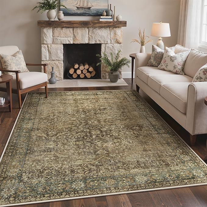 2'6" x 8' Kitchen Runner Rug, Washable Non Slip, Brown Olive | Vintage Floral Design, Spill Resistant Lightweight Low Pile Carpet for Hallway, Bedroom, Laundry Room, Bathroom