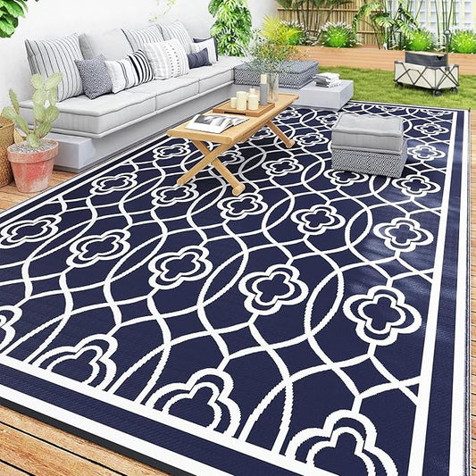 Outsunny Outdoor Rug for Patio, 9' x 18' Waterproof Large Mat, Reversible Plastic Straw Rug for Decor, Portable Outside RV Camping Area Carpet Mat for Backyard Porch Deck Picnic, Blue & White Lantern
