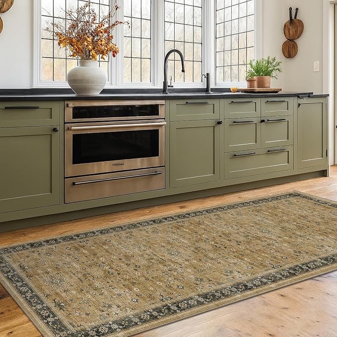 Washable 2x6 Entryway Runner Rug, Boho Kitchen Floor Mat for Indoor Entrance and Bathroom, Vintage Rustic Brown and Charcoal Olive Decor, Non-Slip Stain Resistant Low-Pile Throw Rug