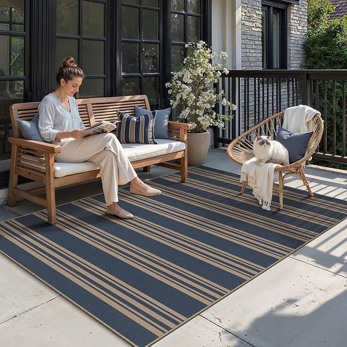 PureCozy Striped Easy Jute Rug 5x7 Blue Living Room Carpet Washable Non Slip Bedroom Office Rug Farmhouse Neutral Non Shedding Indoor Outdoor Large Carpet for Kitchen Dining Room