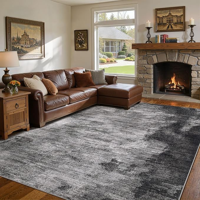 DMOYEST 9x12 Area Rug for Living Room Washable Abstract Indoor Carpet | Neutral Modern Low Pile Rugs Kid & Pet Friendly Large Soft Thin Carpet for Bedroom Dining Room and Office - Dark Grey