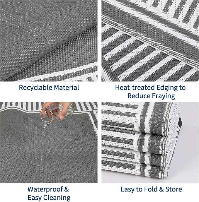 Outdoor Rug 8x10 Waterproof Patio Rugs Modern Striped Reversible Mat for Front Door Rv Border Foldable Plastic Straw Carpet for Travel Trailers, Porch, Camper, Balcony, Beach，Grey/White