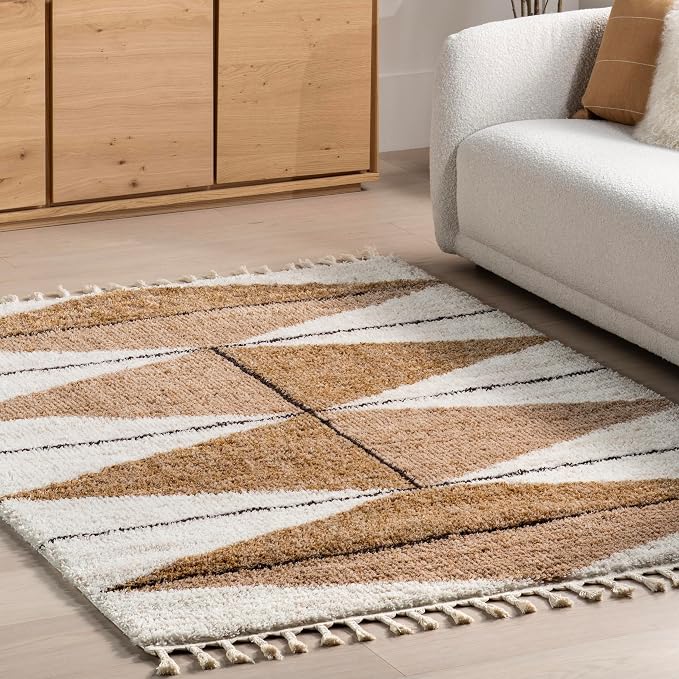 nuLOOM Kali Light Brown Diamond Power Loomed Area Rug, 7' x 9' | Nuloom Kali Diamond 7' x 9' Shag Area Rug for Living Room Bedroom Dining Room Nursery, Light Brown