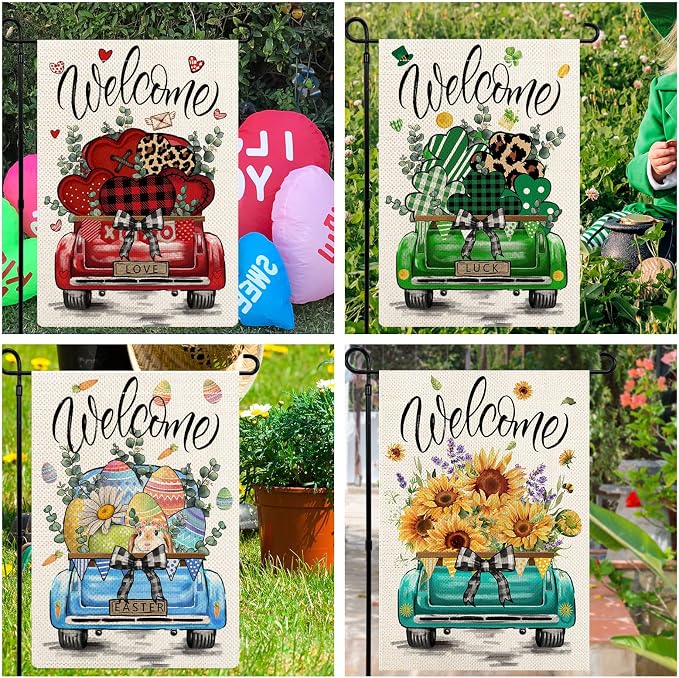 Rustic Truck Garden Flags for Outside Set of 12, Car Welcome Seasonal Garden Flags 12x18 Double Sided for All Seasons and Holidays, Winter Spring Outside Decorations for Yard