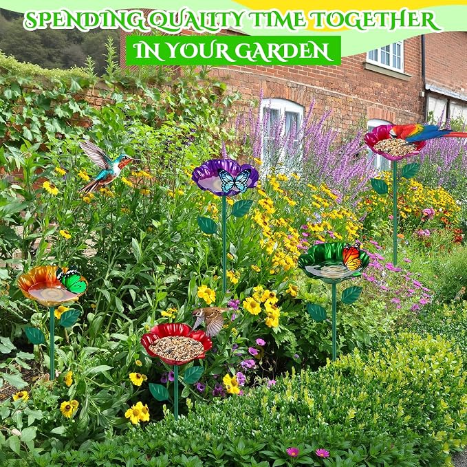 LemonRoad 6 Pcs Metal Bird Baths for Outdoors Flower Pattern Bird Bath Feeders with Metal Stake for Garden Yard Lawn Outdoor Decor(Multicolor)
