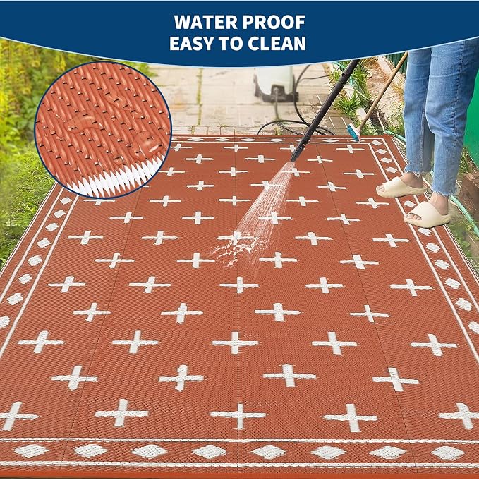 Outdoor Rug 9x12 Modern Area Rugs for Indoor and Outdoor Patios and Porches - Waterproof, Washable, Non-Shedding, Easy-to-Clean Outside Carpet，Orange/White