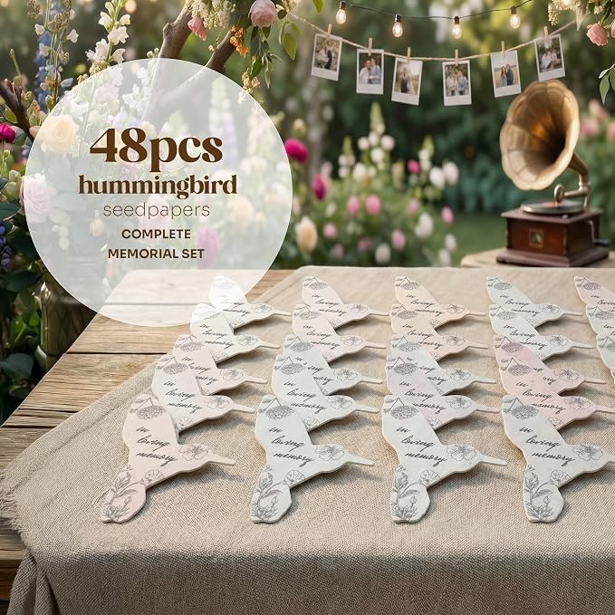 Plantable Memorial Gift Tags with Wildflower Seeds – 48 Pack Black & White Hummingbird-Shaped Writable Gift Wrap Tags for Funeral Favors, Sympathy Gifts & Celebration of Life Keepsakes