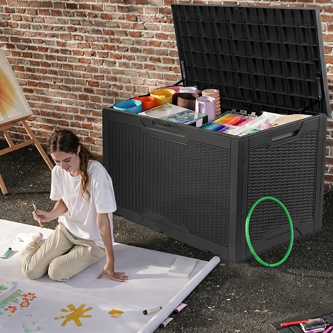 DWVO 100 Gallon Outdoor Storage Box, Large Deck Box Lockable Waterproof and UV Resistant Resin for Gardening Tools, Pool Supplies, Patio Cushions (Black)