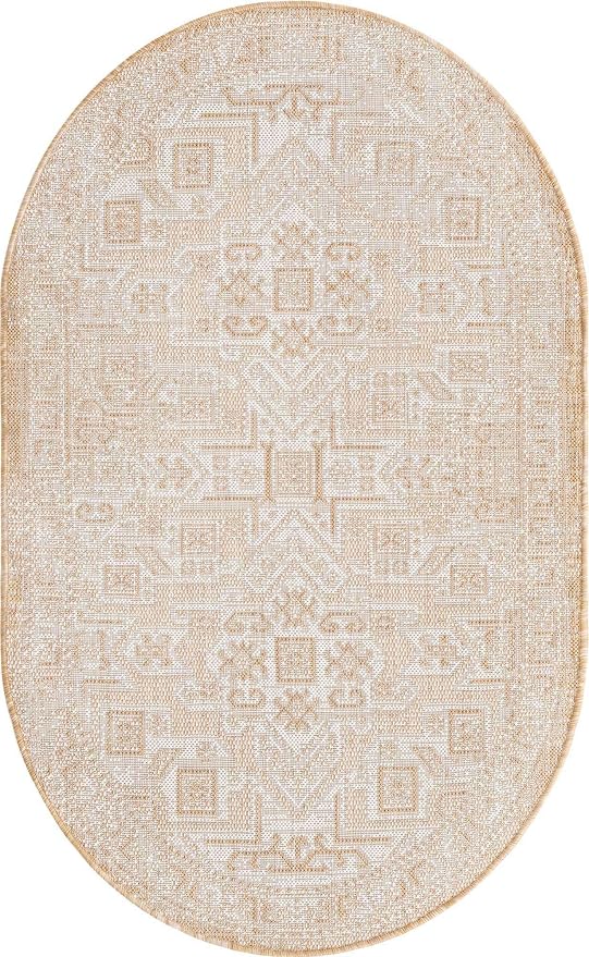 Unique Loom Outdoor Aztec Collection Area Rug - Coba (3' 3" x 5' 3" Oval, Natural/ Ivory)