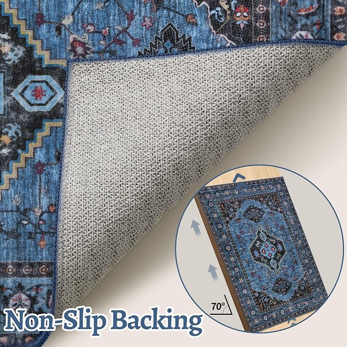 Tangsoo Oriental 2x3 Washable Rugs for Entryway, Non Slip Small Area Rug | Blue Vintage Indoor Front Door Rug, Boho Print Door Mat Soft Low Pile Throw Rugs for Entrance Entry Kitchen Bedroom Bathroom