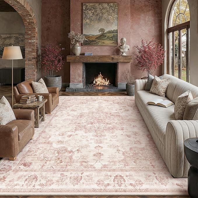 8x10 Pink Neutral Area Rug | Washable, Non Slip, Soft Low Pile, Vintage Farmhouse, Large, for Living Room Bedroom Dining Room Office Indoor Home Decor