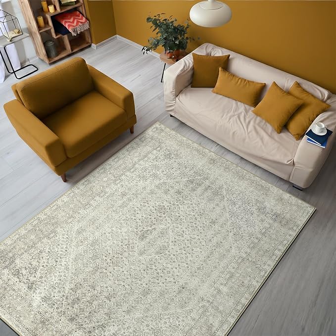 Keen Home Design Vintage Washable Area Rug, Non-Slip Low Pile, 5x7 | Machine Washable Cotton Chenille, 0.25In Low Pile, Rubber Non-Slip Back; Living Room, Bedroom, Dining Room, Office