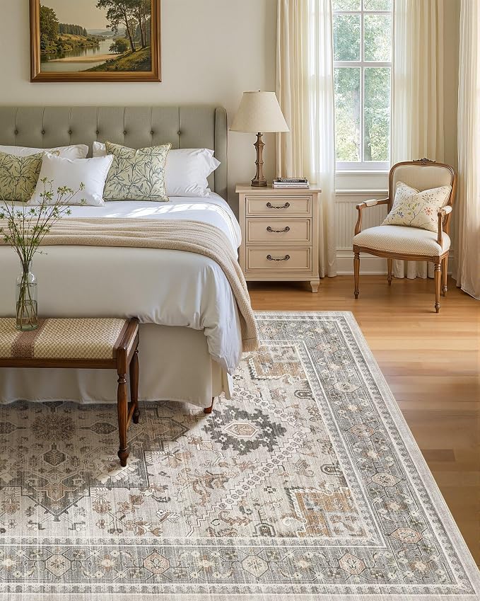 Washable Area Rug-12X15 Vintage Neutral Soft Taupe | Non Slip Thin Foldable Large Floor Carpet for Living Room Bedroom Kitchen Dining Room Home Office Farmhouse Indoor