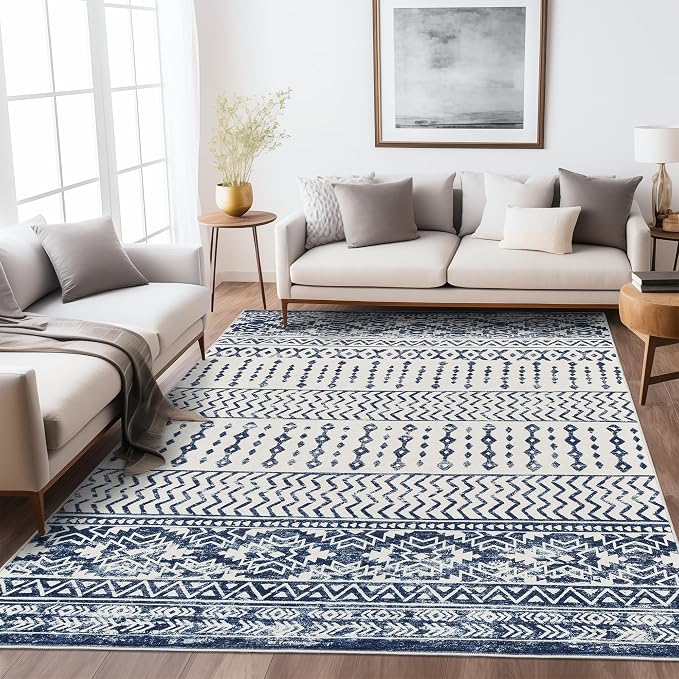 Art&Tuft 5x7 Area Rugs Non Slip, Thin Washable Rugs for Living Room, Blue | Low Pile, Soft & Lighweight, Folable, Stain Resistant Indoor Moroccan Carpet for Bedroom, Kitchen, Dining Room, Home Office