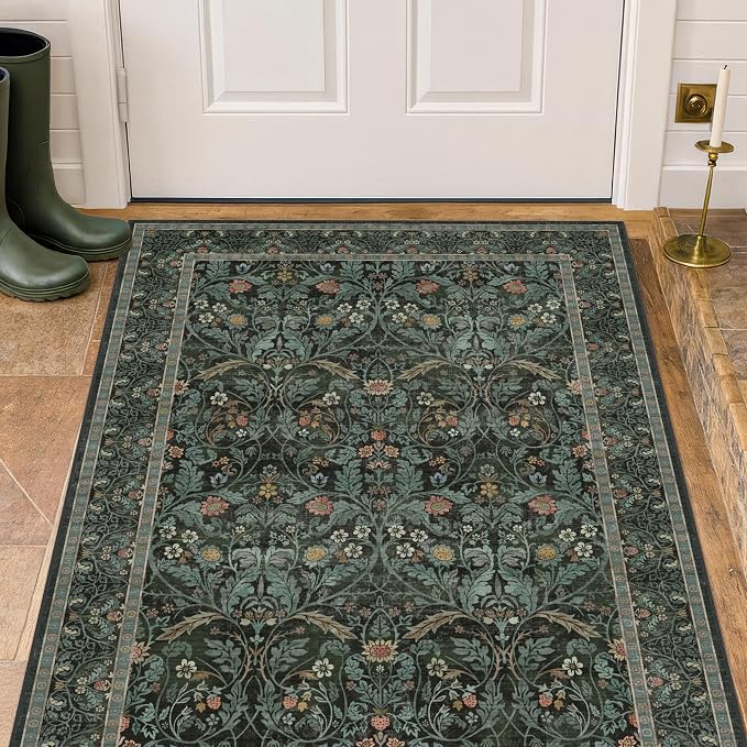 3x5 Washable Area Rugs for Entryway Indoor, Large Kitchen, Low Pile Rugs for Mudroom Bedroom Laundry Room Floor Mat Non Slip Stain Resistant, Dark Green Moody Carpet