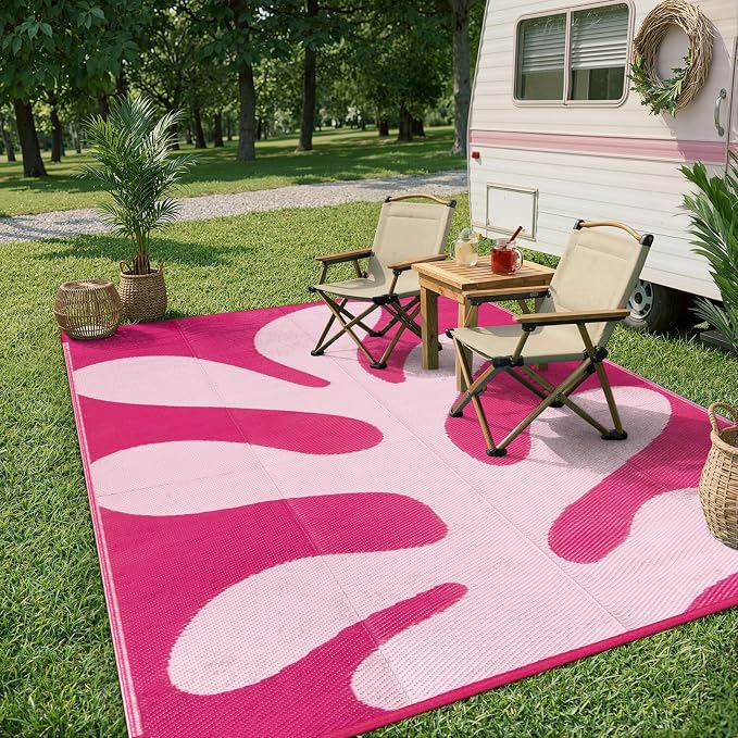 Lahome Plastic Coastal Coral Rv Outdoor Rug, Waterproof 6x9 Outdoor Camping Rug, Lightweight Hot Pink Camper Mats for Outside Beach Pool Patio Deck, Pink 6'x9'