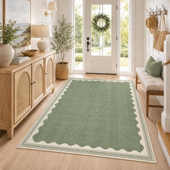 GarveeHome Scalloped 3x5 Rug Washable Non-Slip Low-Pile Indoor Rugs for Entryway Solid Sage Green Modern Carpet for Kitchen Bedroom Living Room Bathroom Indoor Mat