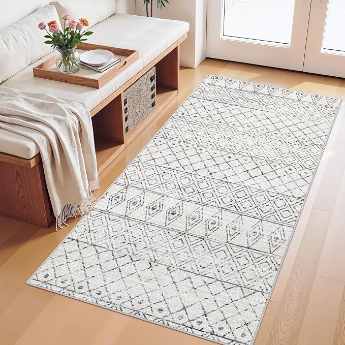 2x4 Runner Rug for Hallway: Washable Non Slip Moroccan Kitchen Rugs Grey | Soft Stain Resistant Easy Clean Entryway Bedroom Mat for Family with Pets