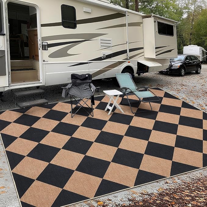 GarveeHome Checkered Easy Jute Area Rug 10x13 Machine Washable Non-Slip Stain Resistant Indoor Outdoor Rugs for Living Room, Bedroom, Kitchen, Dining, Patio Farmhouse Style Black Tan