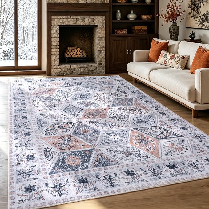 Moroccan Boho Floral Geometric Patchwork Washable 9x12 Large Rug | Vintage Distressed Non Slip Throw Carpet for Bedroom Livingroom Kitchen Hallway Entryway Office Dining Room Docer Light Grey