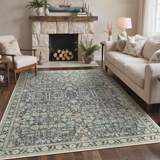 2x10 Kitchen Runner Rug, Washable Non Slip, Green/Blue | Vintage Floral Design, Spill Resistant Lightweight Low Pile Carpet for Hallway, Bedroom, Laundry Room, Bathroom