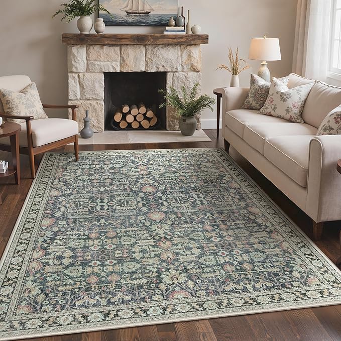 3x5 Area Rug for Living Room, Washable Low Pile, Green/Blue | Vintage Distressed Design, Spill Resistant Lightweight Non-Shedding Carpet for Bedroom, Dining Room, Office