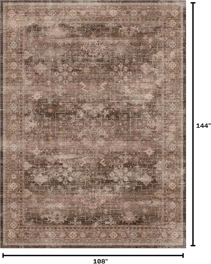 Brown 9x12 Living Room Rug - Vintage Western Eclectic Unique Neutral Taupe, Washable Low Pile Non-Slip Large Area Rugs for Dining Under Table Bedroom Under Bed