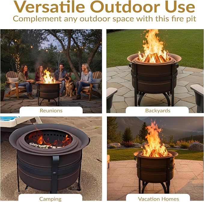 Sunnydaze 23-Inch Cauldron-Style Smokeless Wood-Burning Fire Pit with Cover and Poker - Steel Outdoor Smokeless Fire Pit for the Backyard