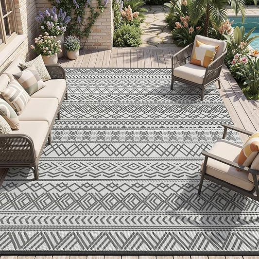 MontVoo Outdoor Rug Carpet Waterproof 10x14 Outdoor Patio Rug Mat Reverisble Plastic Straw Outdoor Rugs for RV Camping Picnic Beach Balcony Boho Grey Large