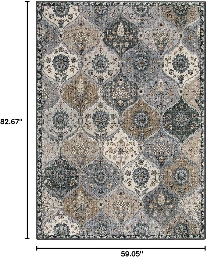 Lahome Moroccan Washable Area Rug, 5x7 Rugs for Living Room Indoor Non-Slip | Trellis Large Oriental Accent Throw Carpet for Bedroom Entryway Bathroom Office Elise, Grey