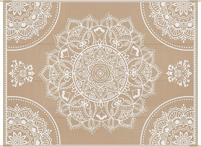 Pauwer Waterproof Outdoor Rug 9x12, Reversible Plastic Straw Patio Camping Rug, Indoor Outdoor RV Mat Carpet for Deck, Camper, Porch, Balcony, Backyard, Picnic, Floral Brown