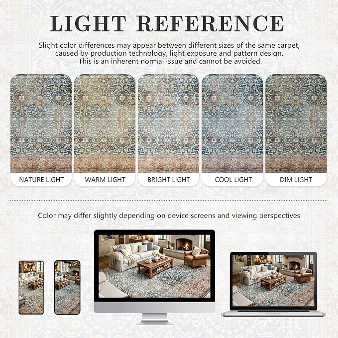 6x9 Area Rugs - Washable Vintage Retro Living Room Rug, Soft Ultra Thin Non Slip Low Pile Distressed Boho Traditional Carpet for Bedroom Dining Room Nursery Home Office, Rust Clay