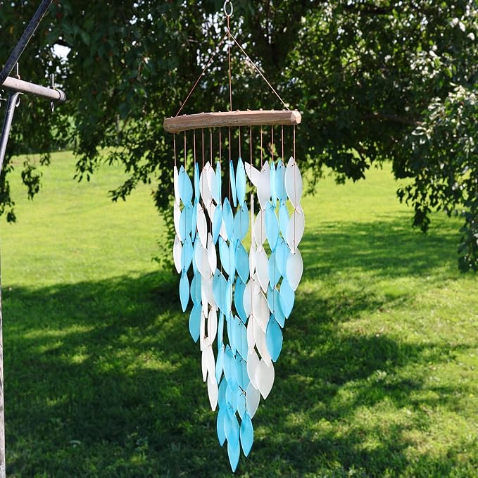 Blue Handworks Blue Deluxe Waterfall Glass Wind Chime | Handcrafted Deluxe Waterfall Glass Wind Chime in Bright Blue and Frosted White