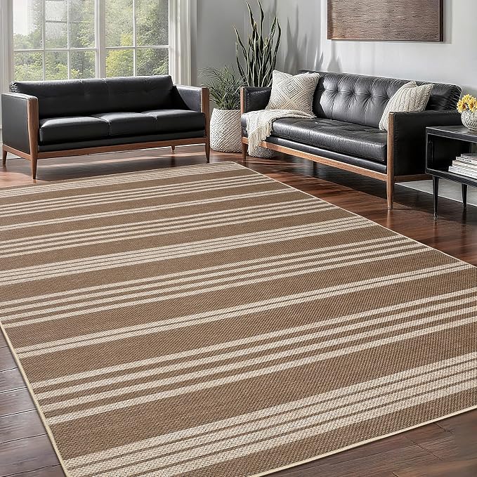Garvee Area Rugs 9x12 Living Room Washable Rug Easy Jute Rugs, Brown | Modern Line Print Area Rug Stain Resistant Easy Cleaning Throw Rugs Low Pile Floor Cover for Nursery Dining Room Apartment
