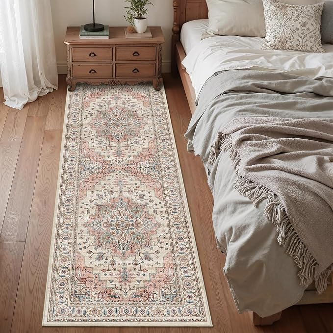 2’6″x 8’ Vintage Runner Low Pile Non-Slip Washable Hallway Rug | Retro Distressed Print Rug Non-Shedding Beige Pink Carpet Stain Resistant Long Rug for Hallway Kitchen Bedroom Laundry Room