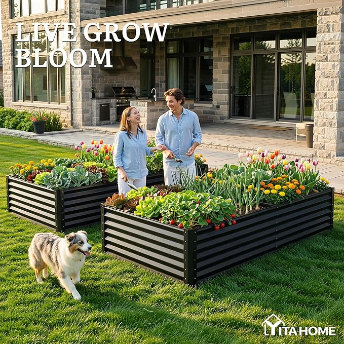 YITAHOME 2pcs 8x4x1.5ft Large Raised Garden Bed Kit, Galvanized Metal Planter Box with Gloves, Ground Nails & Safety Rubber, Outdoor Above Ground Planters for Plants Vegetables Flowers, Black