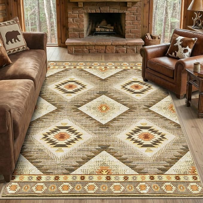5'x8' Washable Area Rug for Living Room Bedroom Cream/Camel | Soft Western No Slip Low Pile Print Foldable Indoor for Kitchen Dining Room