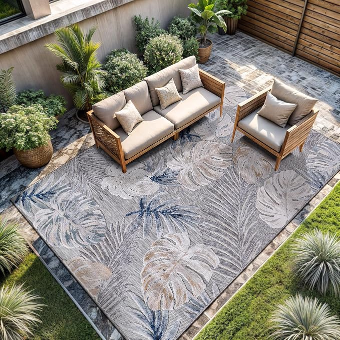 CAMILSON Indoor Outdoor Rug, Blue 9’x12’ Leaf Tropical Botanical Area Rugs for Indoor and Outdoor patios, Easy-Cleaning Non-Shedding Living Room, Garden and Kitchen Washable Outside Carpet (9x12)