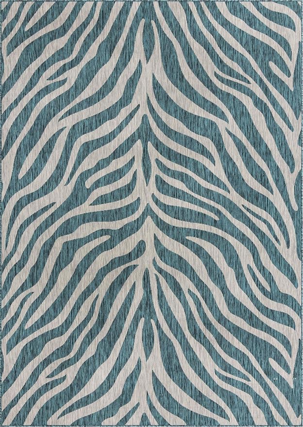 Unique Loom Outdoor Safari Collection Area Rug - Tsavo (7' 10" x 11' Rectangle, Teal/ Ivory)