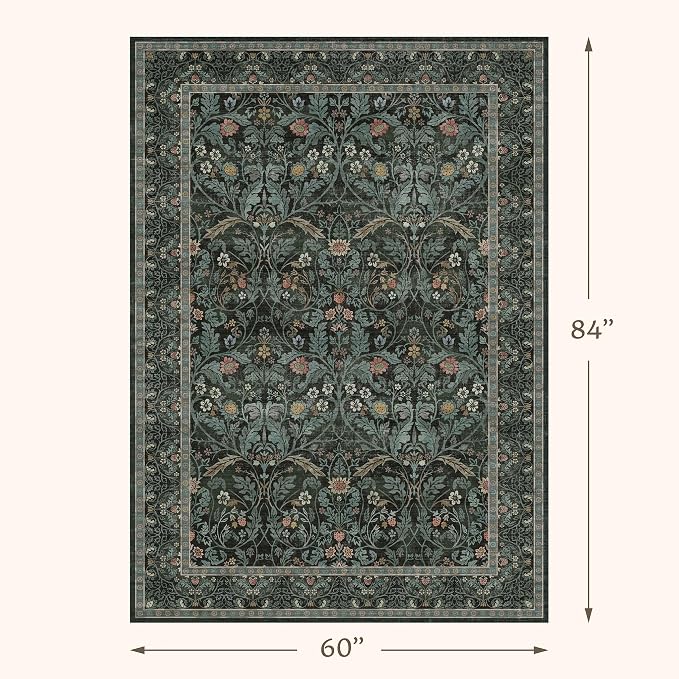 Dusty Teal Area Rug for Living Room, Floral Washable Rugs 5x7 for Bedroom, Dining Room, Classroom, Moody Home Office Décor, Low Pile Non Slip Mat Indoor, Forest Botanical Pattern Carpet(Dark Green)