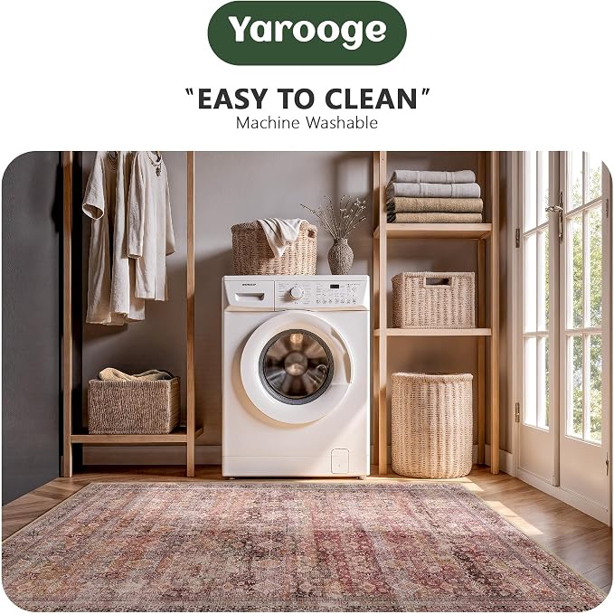 5x7 Area Rugs - Washable Vintage Retro Living Room Rug, Soft Ultra Thin Non Slip Low Pile Traditional Distressed Boho Carpet for Bedroom Dining Room Nursery Home Office, Vintage Iron Red