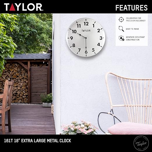 Taylor Indoor Outdoor Metal Wall Clock, Wireless Thermometer with Easy to Read Large Numbers for Patio, Pool, and Indoor Areas, 18-inch