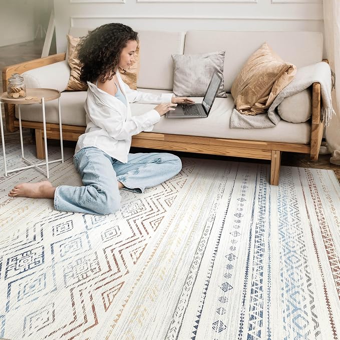 Tortania Area Rug Living Room Rugs- 10x14 Washable Large Soft Neutral Boho Moroccan Bohemian Farmhouse Rug Indoor Floor Carpet for Bedroom Under Dining Table Home Office Decor - Multicolor