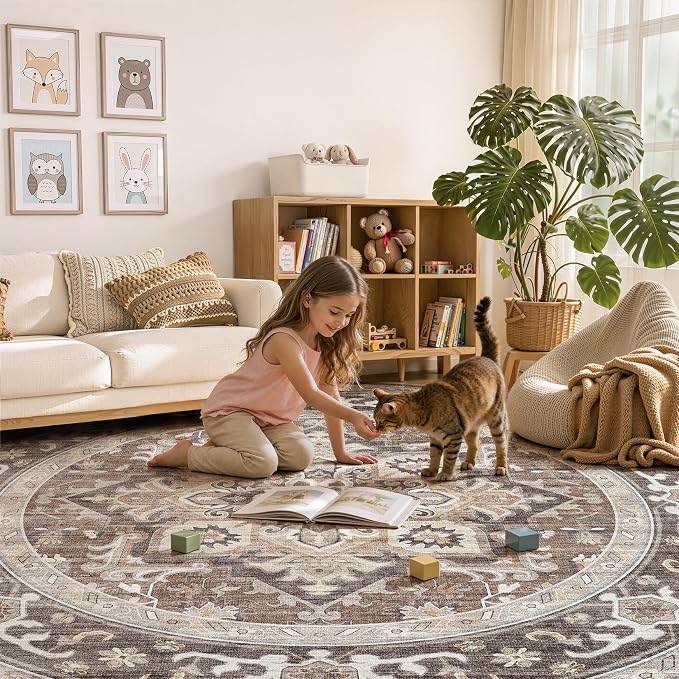 Round Washable Area Rug 8ft, Boho Vintage Distressed Oriental Medallion, Neutral Blue, Thin Carpet for Living Room Bedroom Home Office Decor -Dark Brown